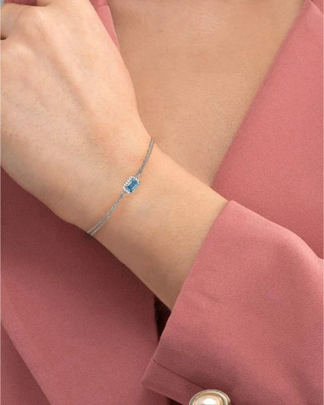Aquamarin Taşlı Baget Diamond Classical Kadın Gümüş Bileklik - 3