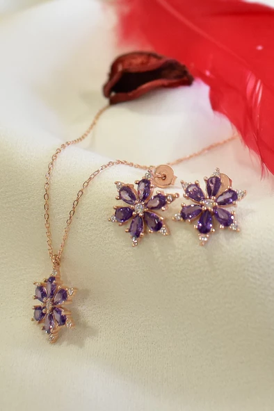 925 Ayar Lotus Çiçeği Ametist Taşlı Rose Kadın Kolye Küpe Set - Resim 2