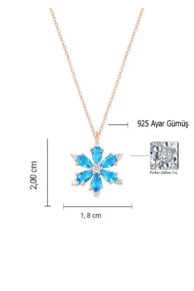 925 Ayar Lotus Çiçeği Aquamarin Taşlı Rose Gold Kadın Gümüş Kolye - 2