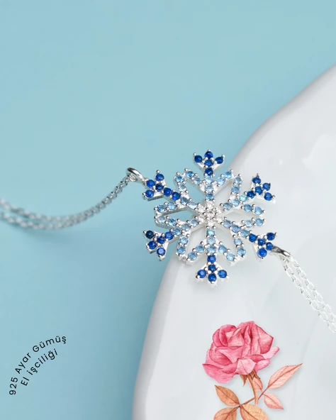 Diamond Seri Aqua-Safir Taşlı Kar Tanesi Snowflake Gümüş Bileklik - 2