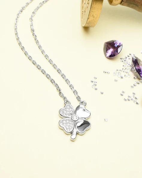 Swarovski Taşlı Mineli Yonca Model Kadın Gümüş Kolye - 2