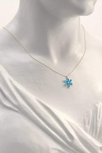 925 Ayar Lotus Çiçeği Aquamarin Taşlı Rose Gold Kadın Gümüş Kolye - 3