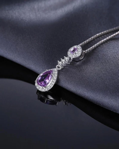 Ametist Taşı Lusso Damla Diamond Kadın Gümüş Kolye - 4
