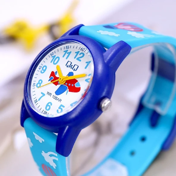Q&Q VR99J018Y Mavi Uçak Gökyüzü Balon Desenli Su Geçirmez Erkek Çocuk Kol Saati - 7