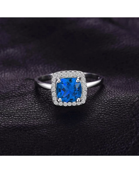 Safir Taşlı Diamond Tektaş Kare Princess Kesim Kadın Gümüş Yüzük - 4