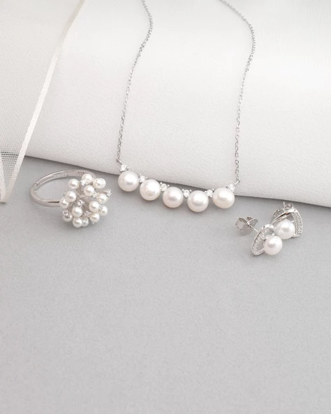 Special Luxury Pearl Kadın Gümüş Kolye Küpe Yüzük İnci Set - 3