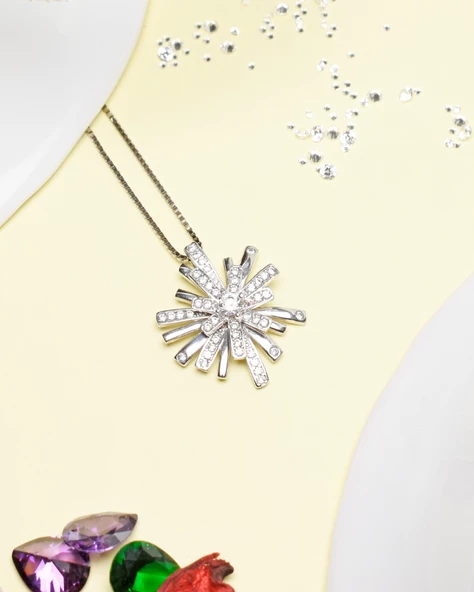 Swr Diamond Seri Elegant Design Kar Tanesi Kadın Gümüş Kolye - 4