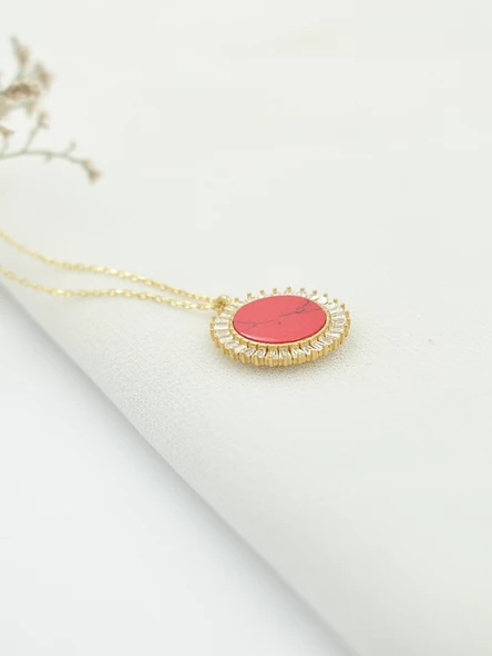 Mercan Taşlı Kırmızı Baget Gümüş Kolye Altın Kaplama - Resim 4