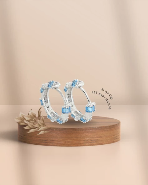 Aquamarin Baget Taşlı Pırlanta Model Kadın Gümüş Küpe 18 MM - Resim 2