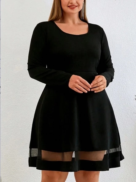 Etek Tül Detay Krep Elbise - 4