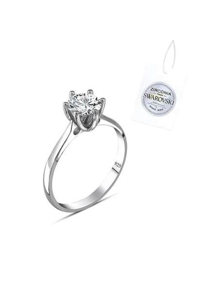 925 Ayar Swarovski Zirconia Taşlı Tektaş Sade Model Kadın Yüzük - 2