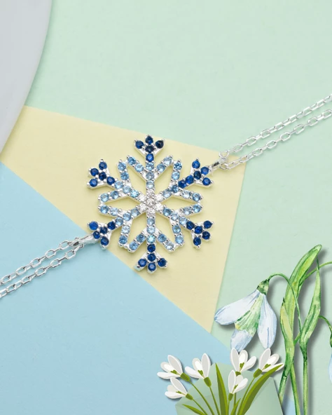 Diamond Seri Aqua-Safir Taşlı Kar Tanesi Snowflake Gümüş Bileklik - 3