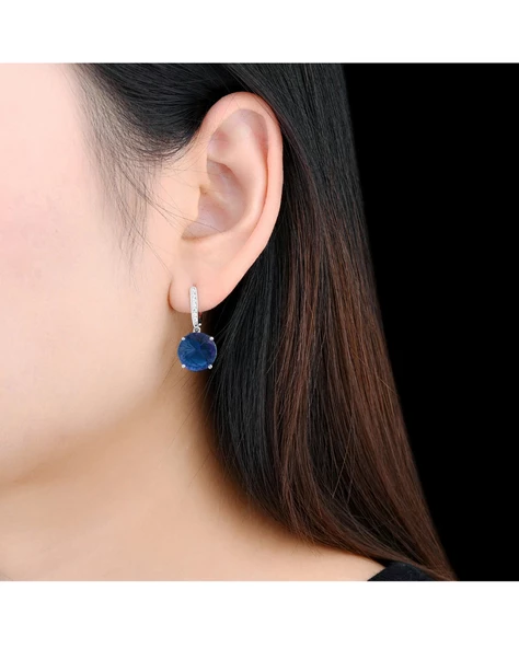 Safir Taşlı Tektaş Pırlanta Sallantılı Kadın Gümüş Küpe 9 MM - Resim 2