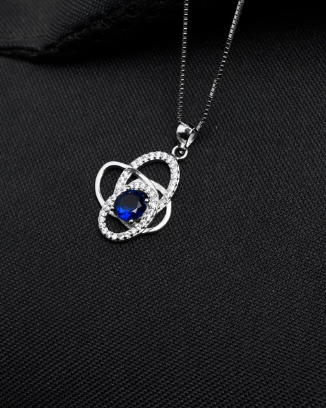 Diamond Serisi Safir Tektaş Girdap Stylish/Night Gümüş Kadın Kolye - 4