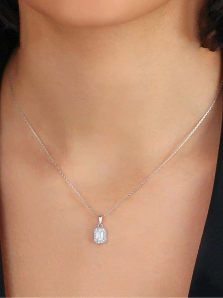 925 Ayar Gümüş Baget Tasarım Zirkon Taşlı Kadın Kolye - Resim 2