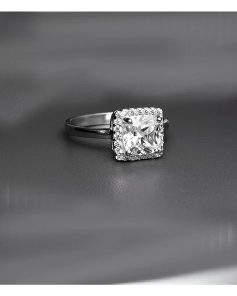 1.90 Karat Prenses Kare Taşlı Dia Tektaş Kare Kadın Gümüş Yüzük - 2