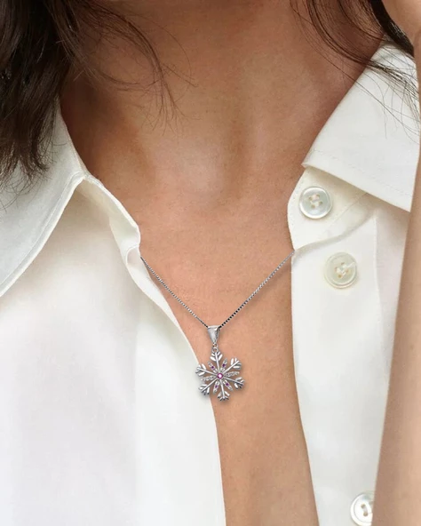 Diamond Seri Özgün Tasarım Kar Tanesi Snowflake Gümüş Kolye - Resim 2