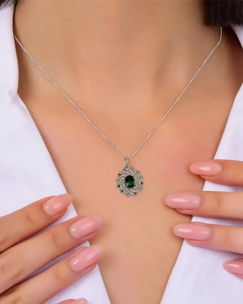 Zümrüt Oval Taşlı Luxury Vintage Kadın Gümüş Kolye - 2