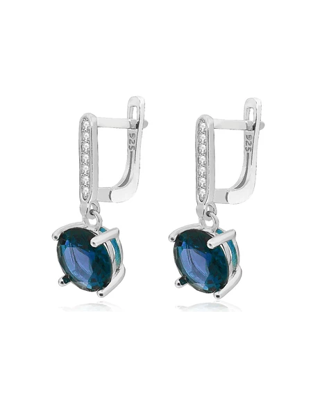 Safir Taşlı Tektaş Pırlanta Sallantılı Kadın Gümüş Küpe 9 MM ürün görseli