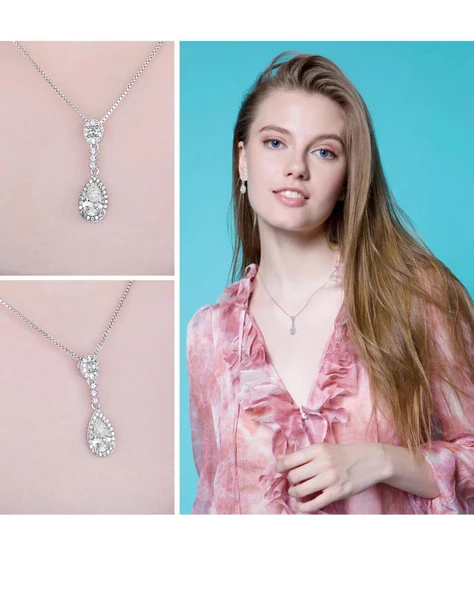 Zirkon Taşlı Işıltılı Damla Diamond Model Kadın Gümüş Kolye Küpe Seti - 2