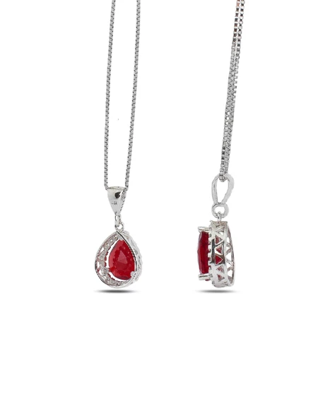 Işıltılı Kırmızı Damla Kadın Gümüş Kolye - Resim 3