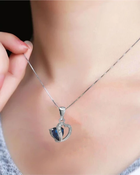 Diamond Serisi Safir Taşı Kalp Gümüş Kadın Kolye - Resim 3