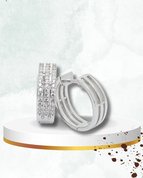 Diamond Model 3 Sıra Yarımtur Halka Kadın Gümüş Küpe 16 MM - Resim 2