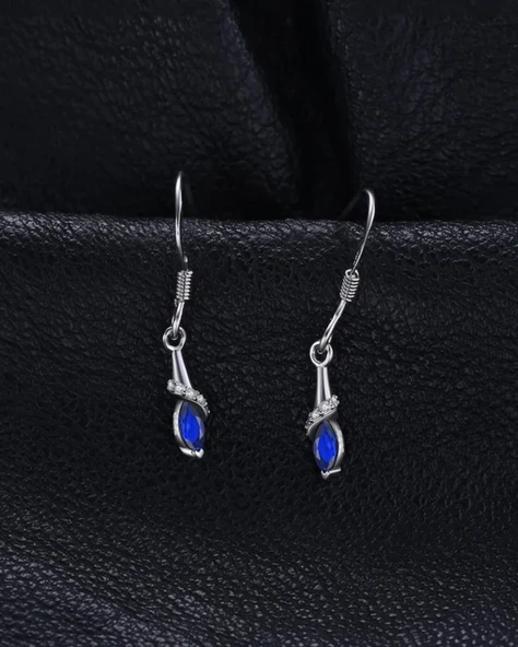 Safir Taşlı Gözyaşı Damlası Çengel Sallantılı Kadın Gümüş Küpe - Resim 4