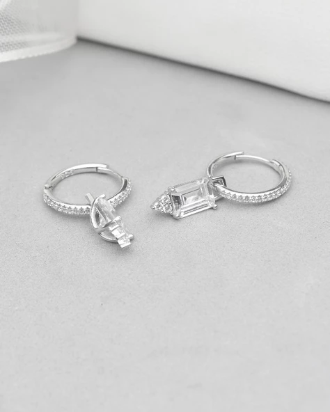 Pırlanta Zirkon Sallantılı Yarımtur Halka Kadın Gümüş Küpe 17 MM - Resim 4