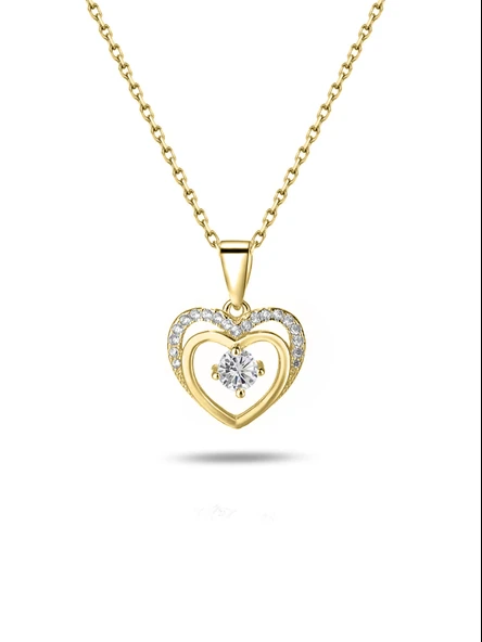 Çift Kalp Tektaş Gümüş Kolye Altın Kaplama ürün görseli