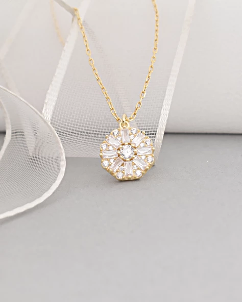 18k Serie Oro Baget Taşlı Çiçek Model Minimal Kadın Gümüş Kolye - Resim 2