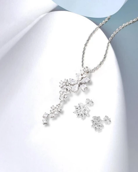 Çiçek Demeti Elegant Stylish Night Kadın Gümüş Kolye Küpe Seti - 2