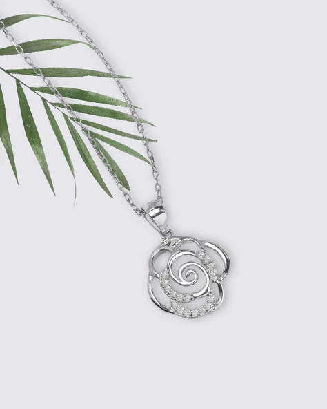 Diamond Serisi Zirkon Taşlı Gül Model Gümüş Kadın Kolye - Resim 3