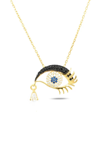 925 Ayar Nazar Gözlü Rimel Kirpikli Damla Taşlı Kadın Gümüş Kolye