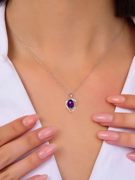 Ametist Taşlı Gümüş Kalbimin Yarısı Kadın Gümüş Kolye - Resim 2