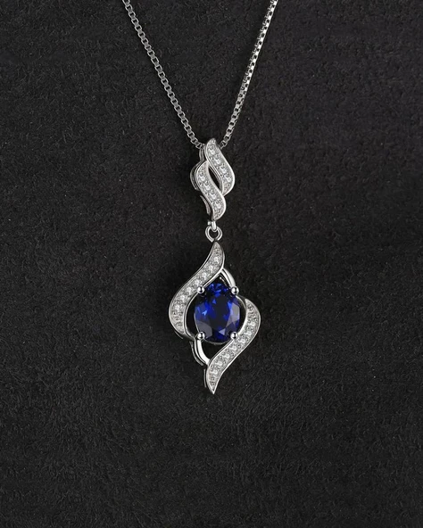 Safir Taşlı Gözyaşı Damla Model Sallantılı Kadın Gümüş Kolye - Resim 4