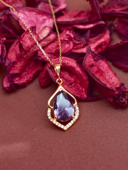Rose Gold Ametist Taşlı Su Damlası Kadın Gümüş Kolye - Resim 3