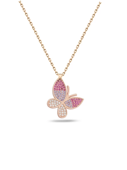 Gümüş Rose Renk Nano Taşlı Kadın Kelebek Gümüş Kolye ürün görseli