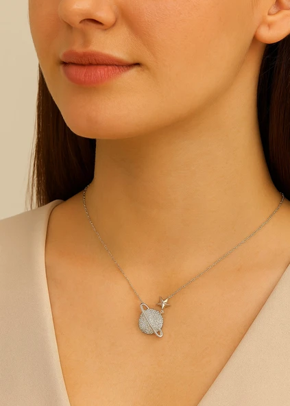 Gezegen Kolye Beyaz Taşlı Gümüş Kadın Kolye - Resim 2