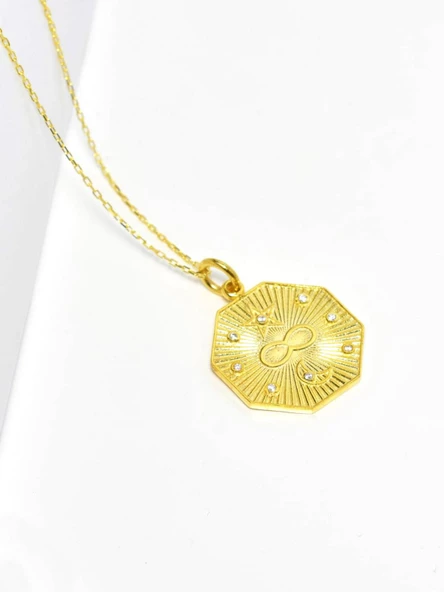 925 Ayar Yıldız Sonsuzluk Ay Desenli Madalyon Kadın Kolye - Resim 2