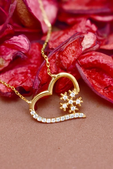 Zirkon Taşlı Kar Tanesi Kalpli Gümüş Kolye Altın Kaplama - Resim 2
