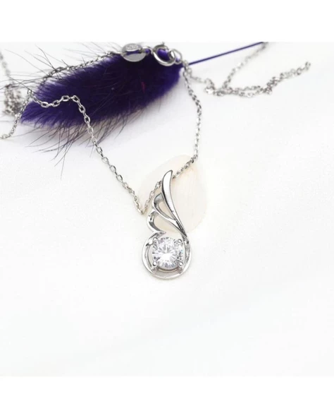 Gümüş Zarif Tasarım Melek Kanatlı Taşlı Kadın Gümüş Kolye - Resim 3