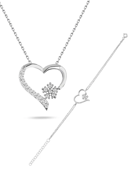 925 Ayar Gümüş Zirkon Taşlı Kar Tanesi Kalpli Kadın Kolye Bileklik Seti ürün görseli
