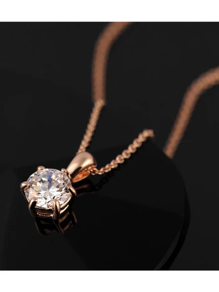 925 Ayar Gümüş Zirkon Taşlı Rose Renk Kadın Tektaş Gümüş Kolye - Resim 3