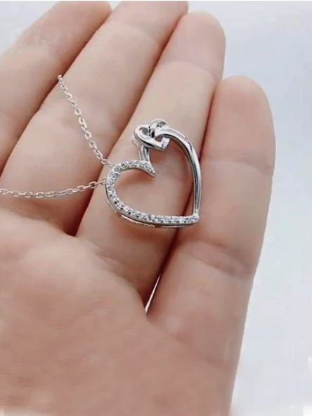 Gümüş Zirkon Taşlı Bağlı Kalp Kadın Gümüş Kolye - Resim 2