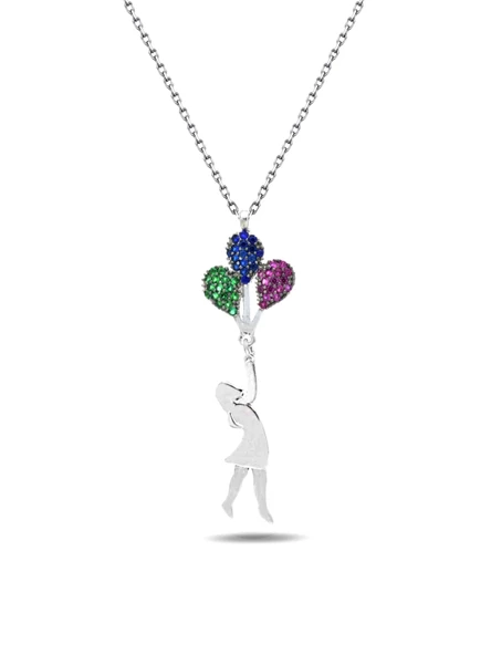 Gümüş Balonlu Kız Gümüş Kolye Uçan Balon Kız Kolye ürün görseli
