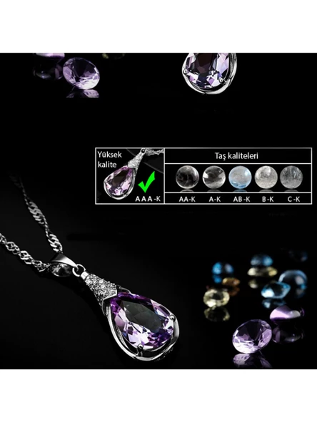 Gümüş Su Damlası Ametist Taşı Kadın Kolye Küpe Seti Gümüş Set - Resim 3