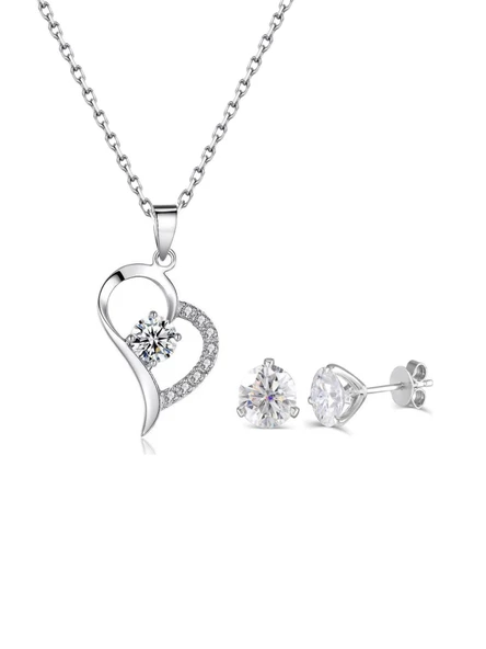 925 Ayar Gümüş Zirkon Taşlı Kalp Kadın Kolye Küpe Seti