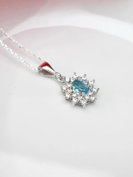 Gümüş Topaz Deniz Mavisi Taşlı Kadın Gümüş Kolye Sevgiliye Hediye - 4