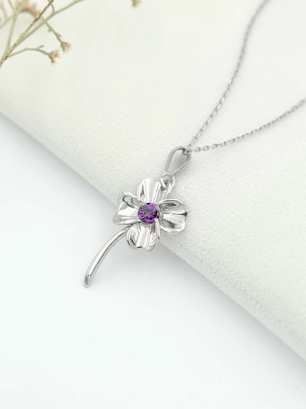Gümüş Dört Yapraklı Mor Taşlı Yonca Kadın Gümüş Kolye - Resim 3